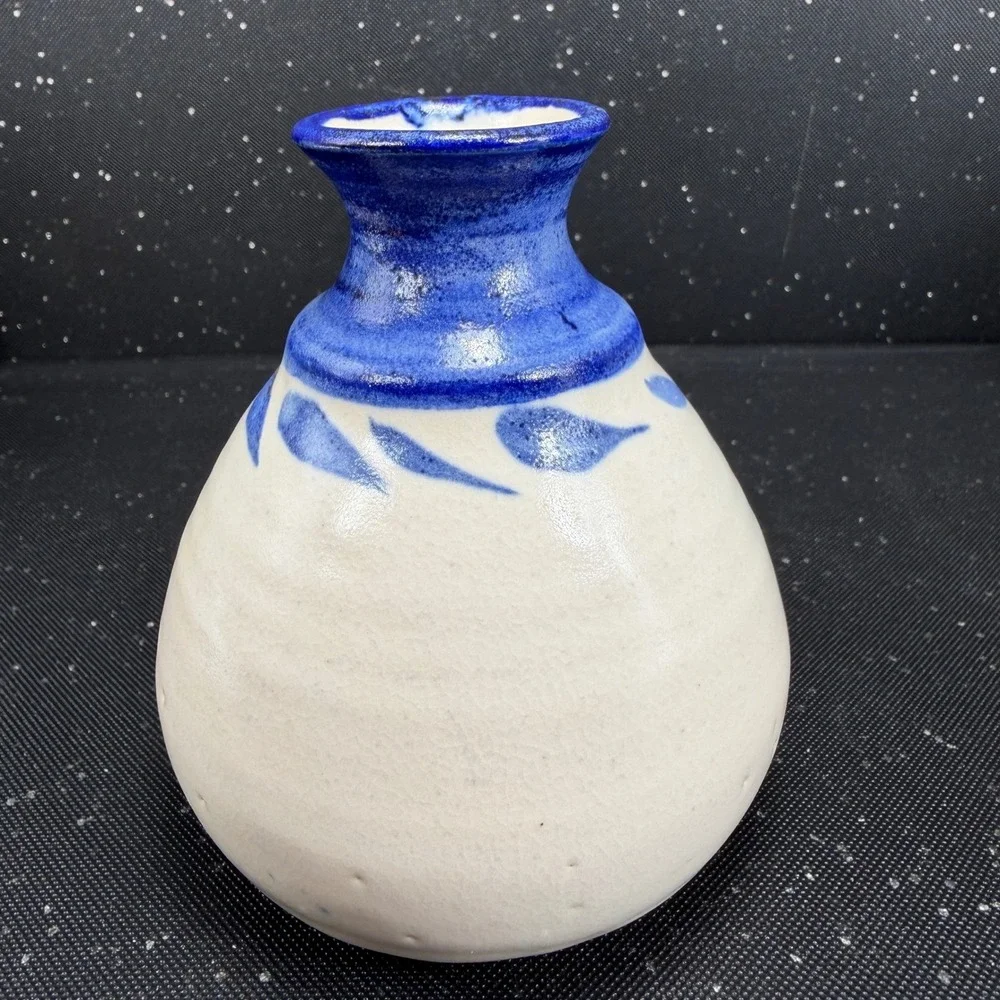Hagist Studio Pottery Bud Vase Blue White Stoneware Signed 4.5in Small Vessel